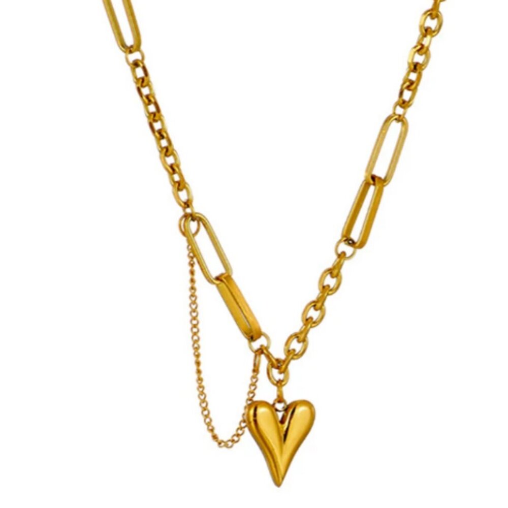 Stainless‎ Steel 18 K Metal Texture Choker Heart Pendant Necklace for Wom…